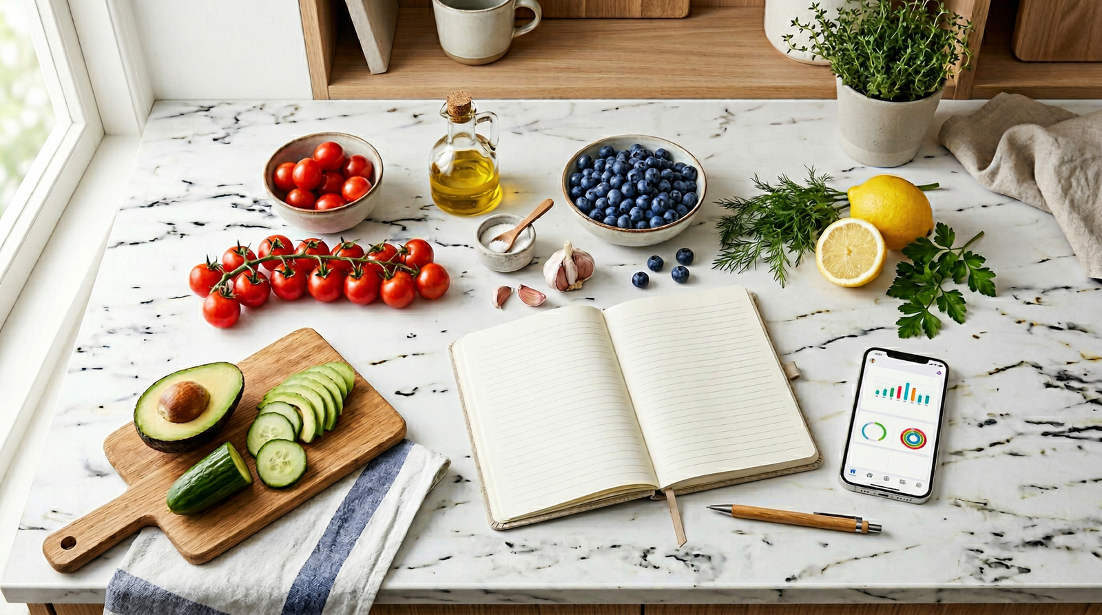 Skandinavisk køkken med friske grøntsager, notatblok og smartphone med kostapp