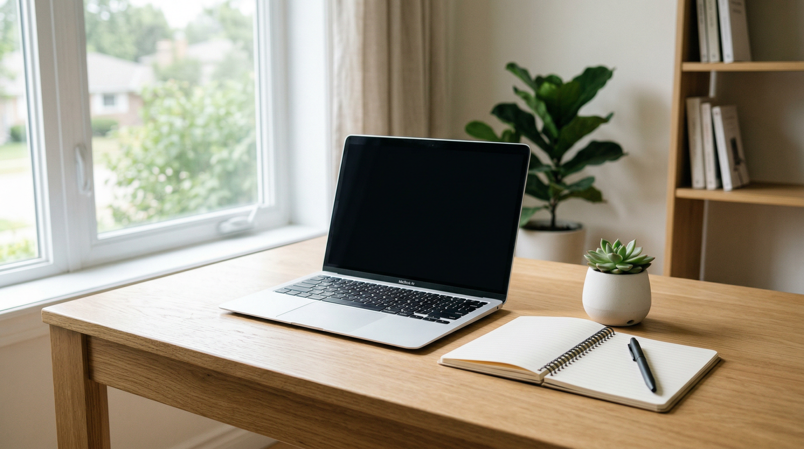 Bærbar computer og notatblok på et skandinavisk skrivebord
