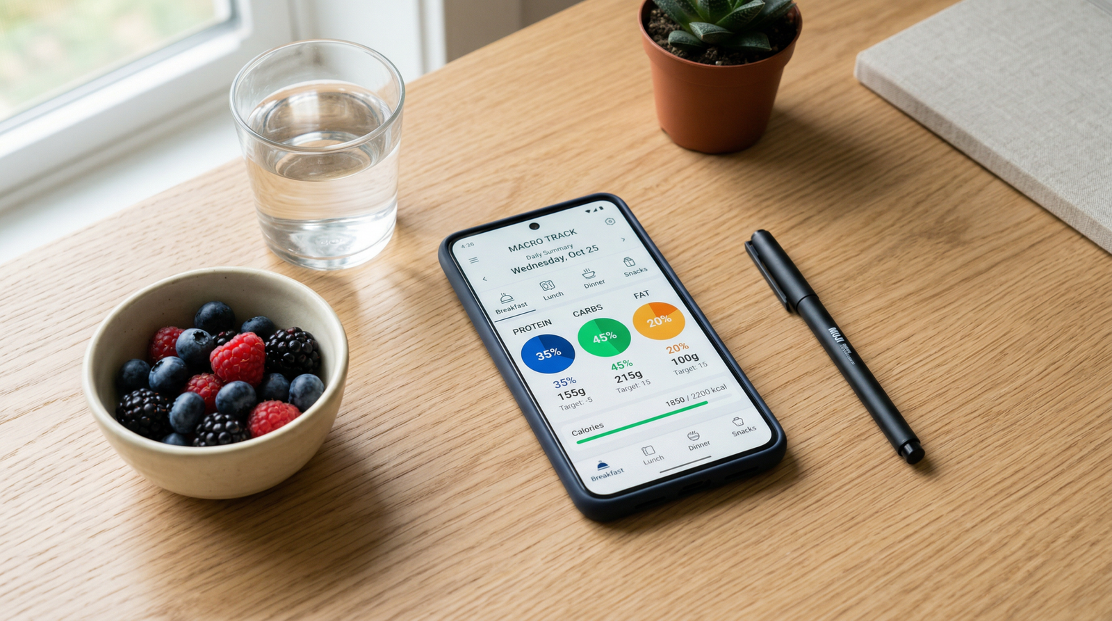 Smartphone med kostapp og makrooverblik liggende på et træbord ved siden af bær og vand