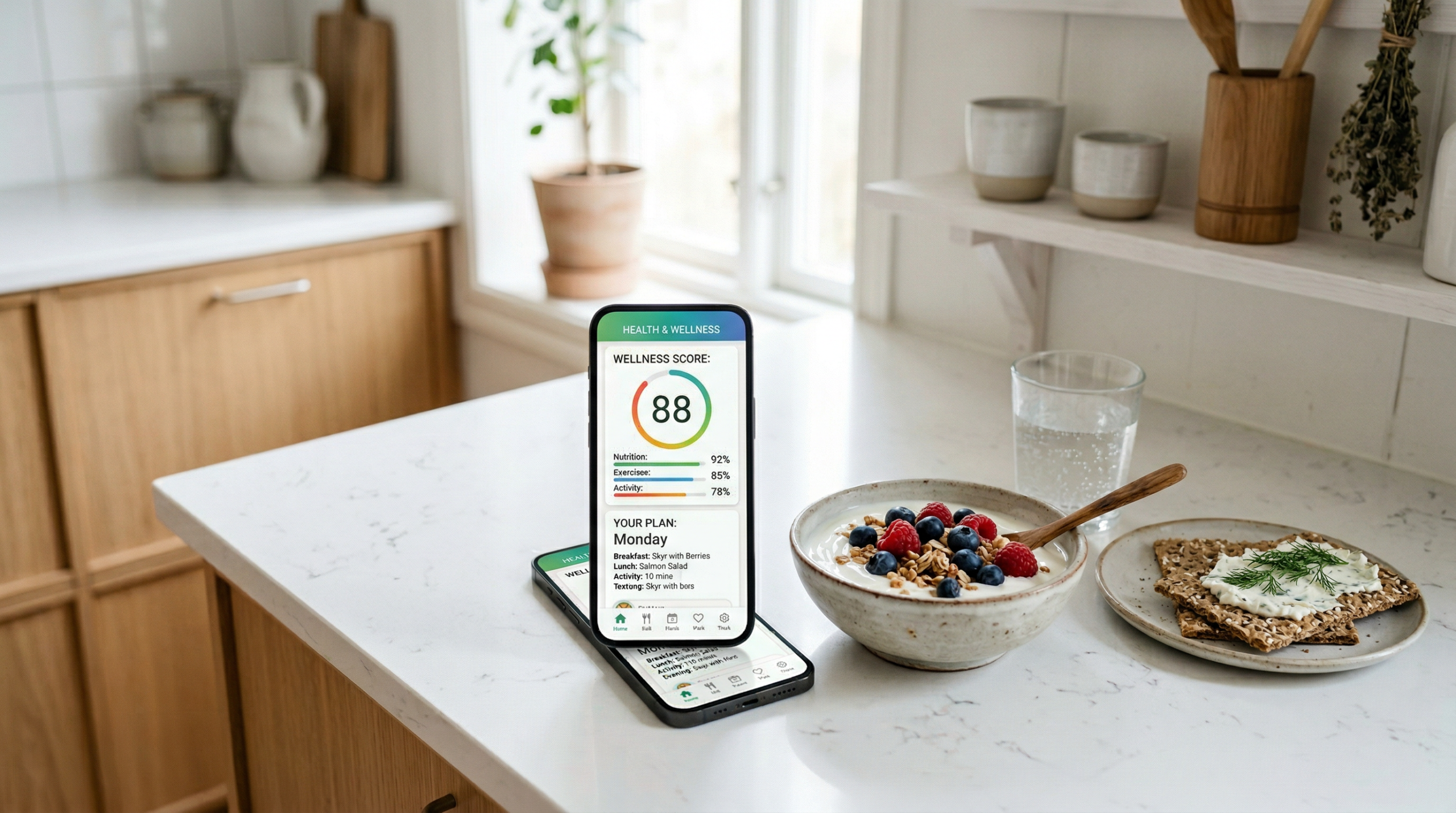 Smartphone med nordisk kostapp og wellness-score på et skandinavisk køkkenbord med skyr og bær