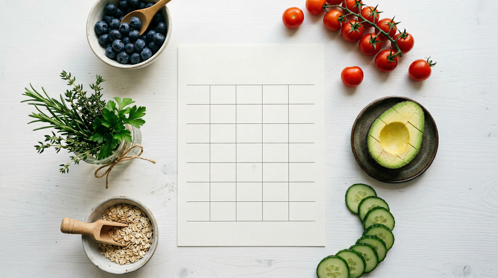 Madplan på papir omgivet af friske grøntsager i fugleperspektiv