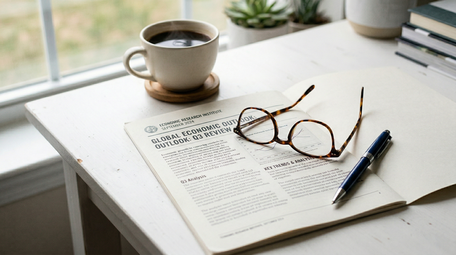 Dokument med læsebriller og kaffe på et skrivebord
