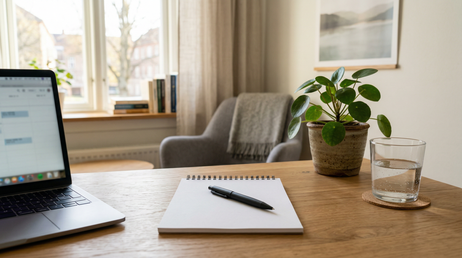 Professionelt konsultationsbord med bærbar computer, notatblok og plante
