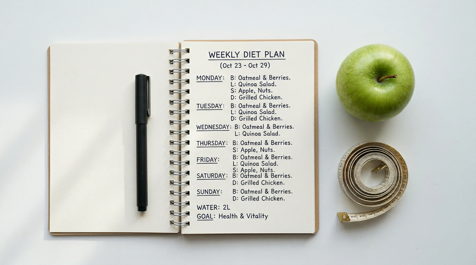 Åben notatblok med ugentlig kostplan, grønt æble og målebånd