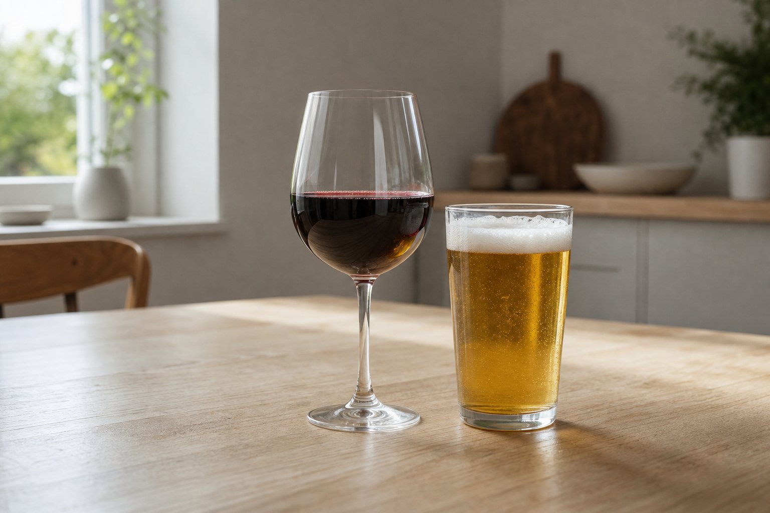 Et glas rødvin og et glas øl på et lyst køkkenbord