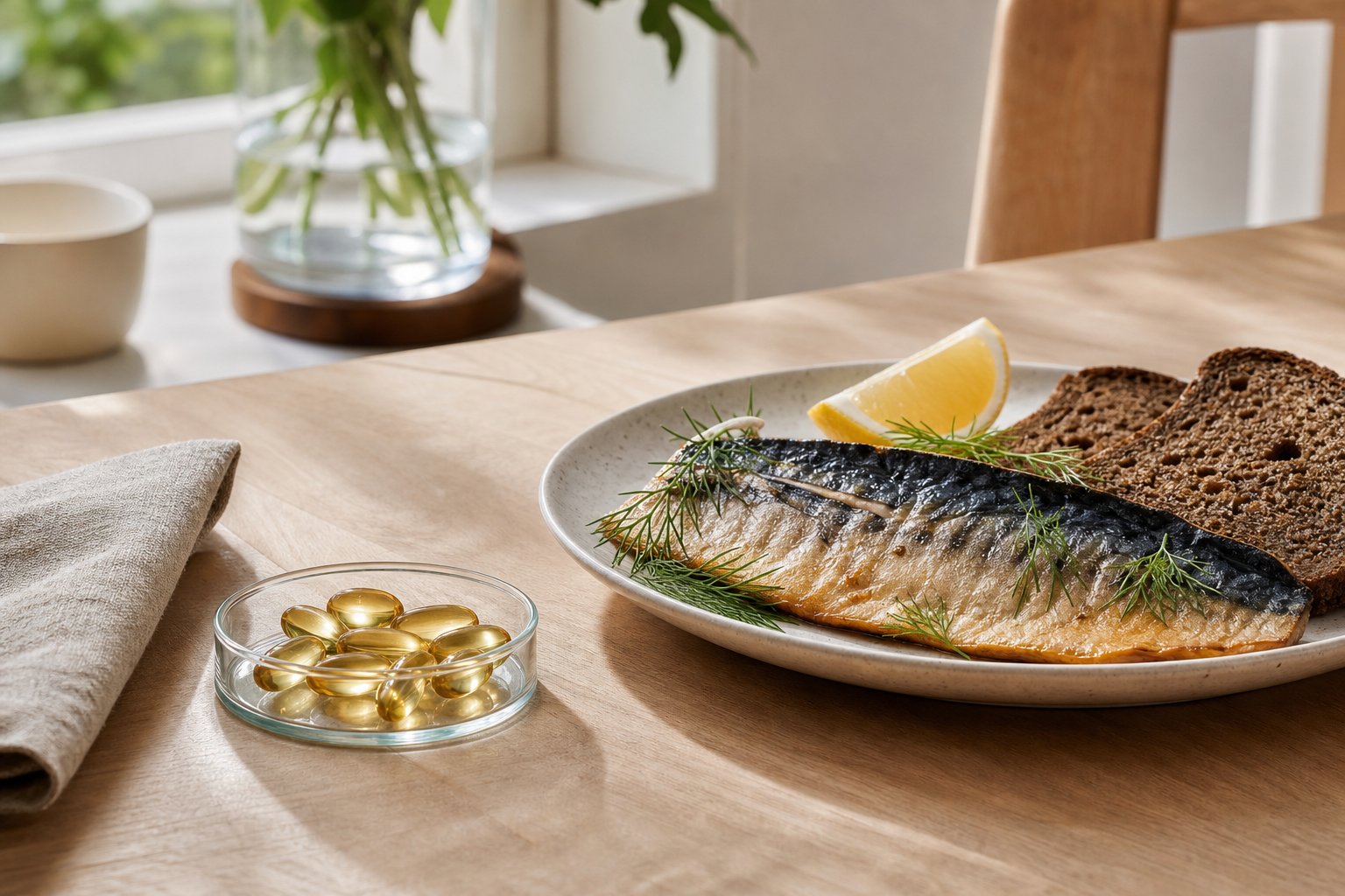 Kapsler med gylden olie i en glasskål ved siden af en tallerken med makrel, rugbrød og citron