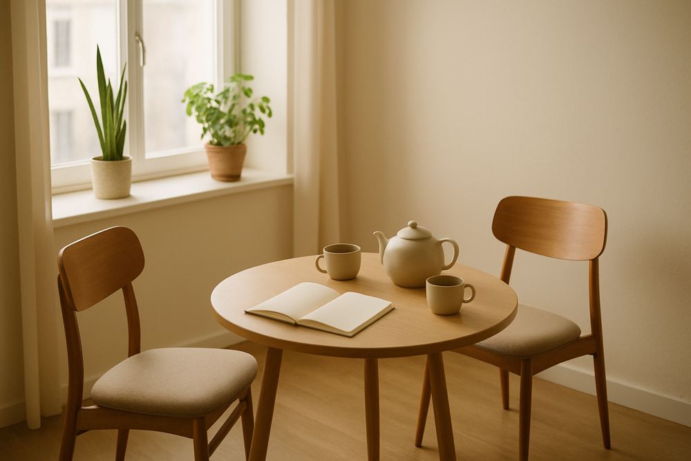 Lyst samtalerum med to stole, notesbog og te