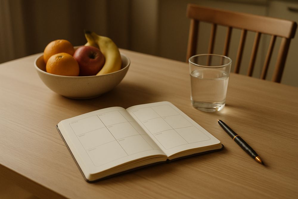 Åben ugeplanlægger ved siden af en frugtskål og et glas vand