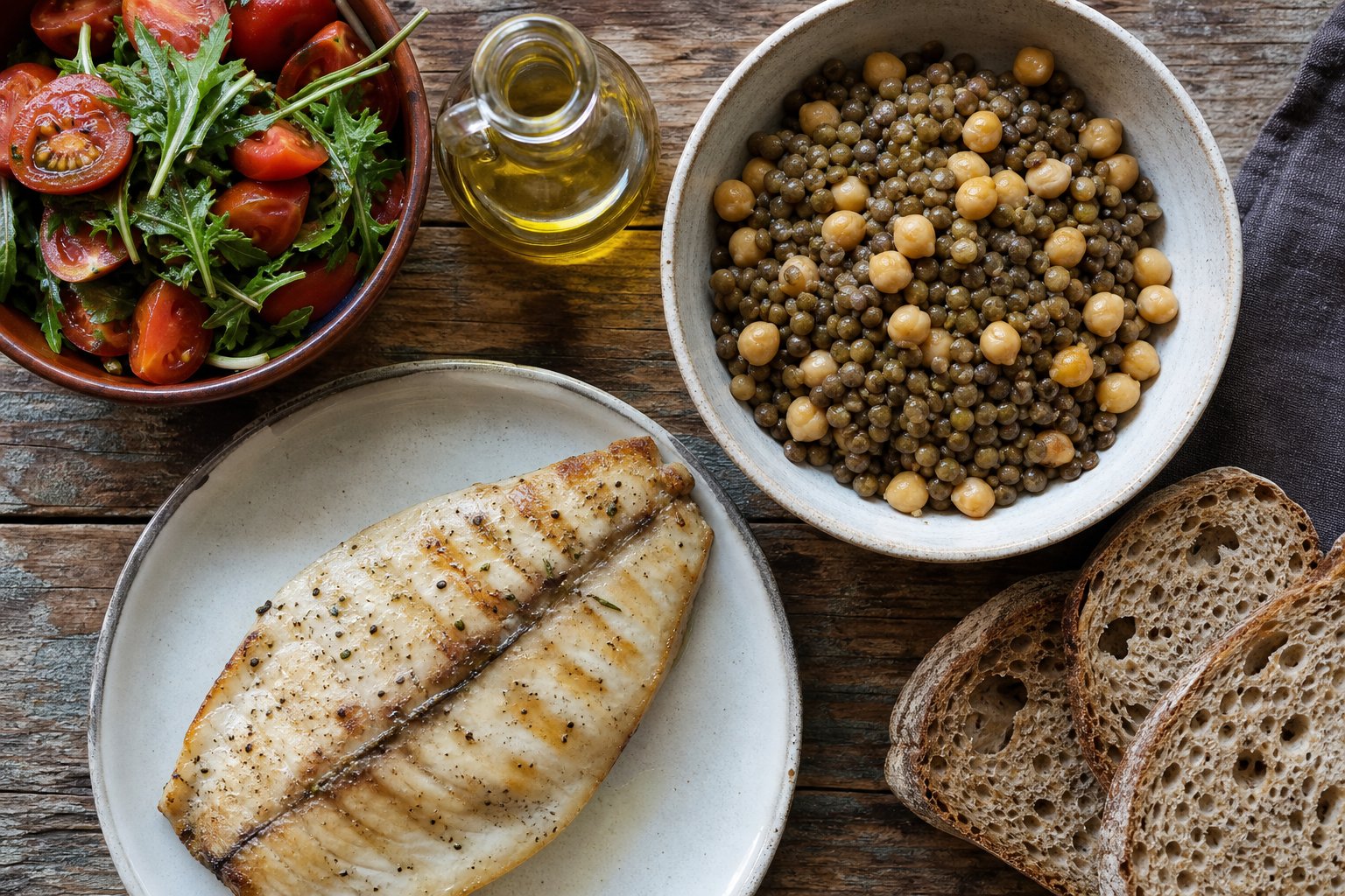 Grillet fisk, linser og kikærter, tomatsalat, olivenolie og fuldkornsbrød på et træbord