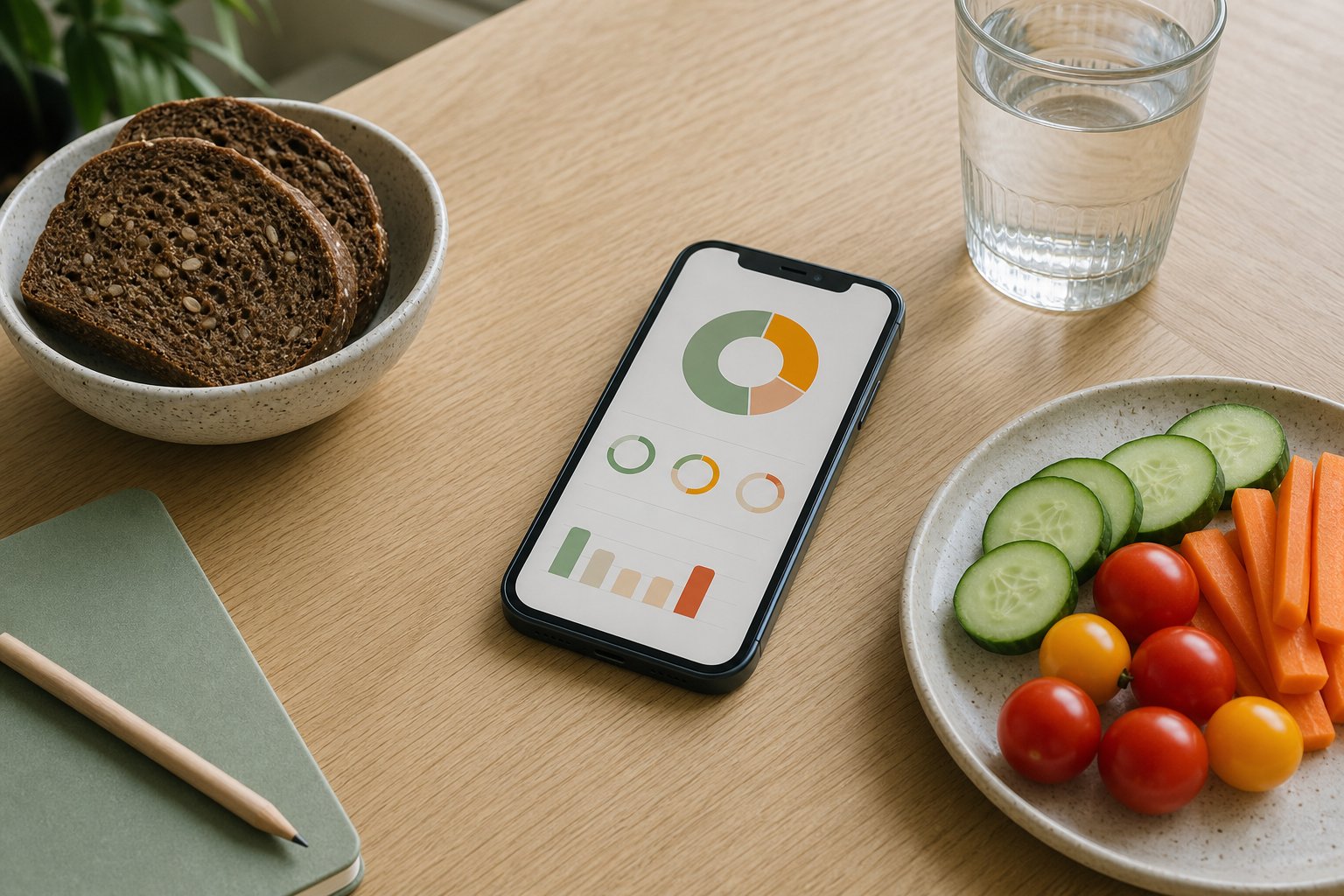 Smartphone med en kostapp på et lyst køkkenbord ved siden af rugbrød, grøntsager og et glas vand
